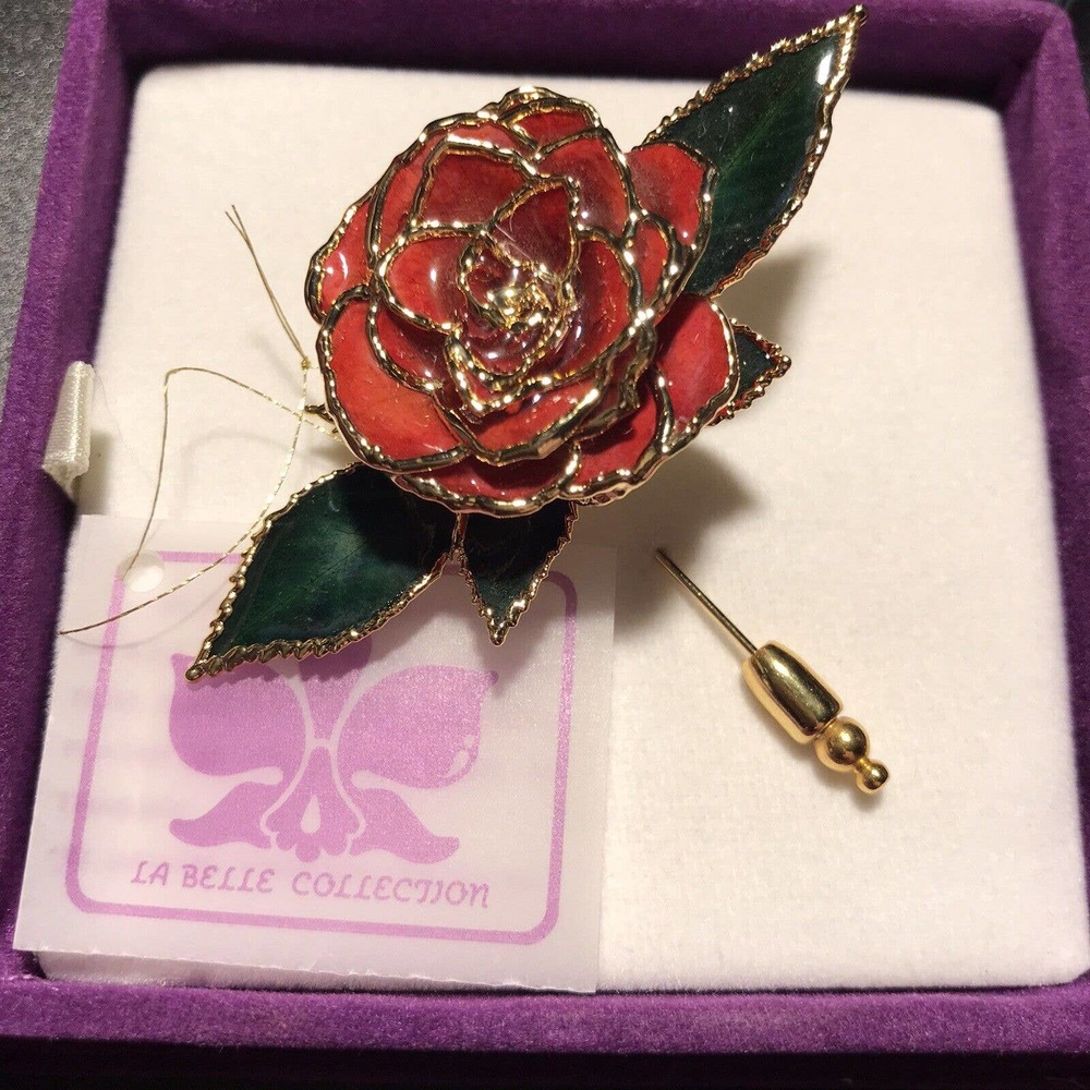 La Belle Collection 24k Red Rose Pin Brooch Gold Plated Real Flower New in Box